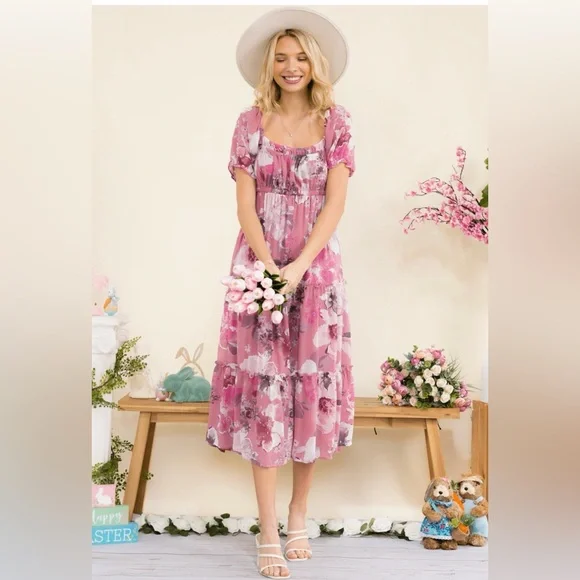 WOMEN'S SHORT SLEEVE SQUARE NECK ELASTIC WAIST FLORAL PRINT MIDI DRESS - Picture 4 of 9